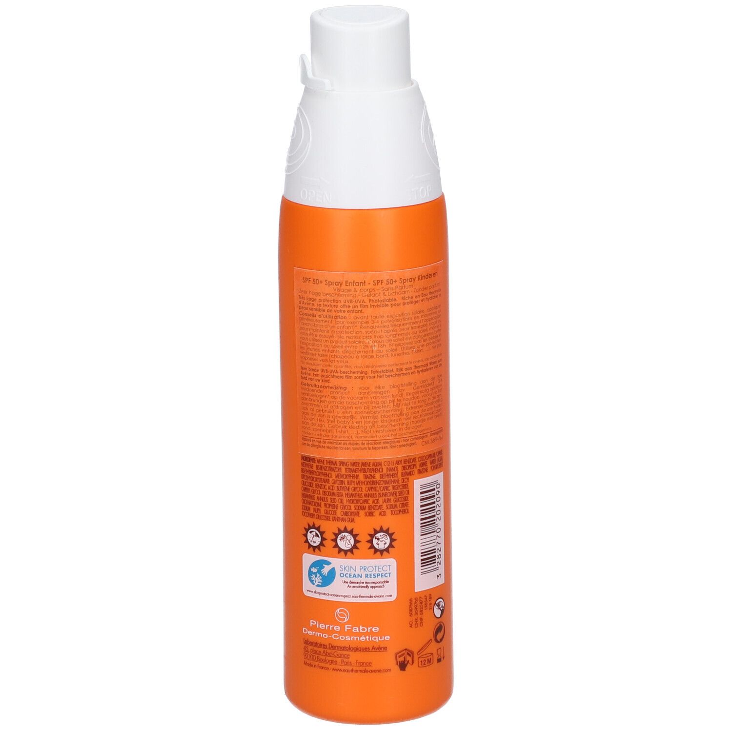 Dos d'un flacon spray orange. Texte et logos. Inscriptions: Eau Thermale Avène, SPF 50+, Spray enfant, pour enfants.
