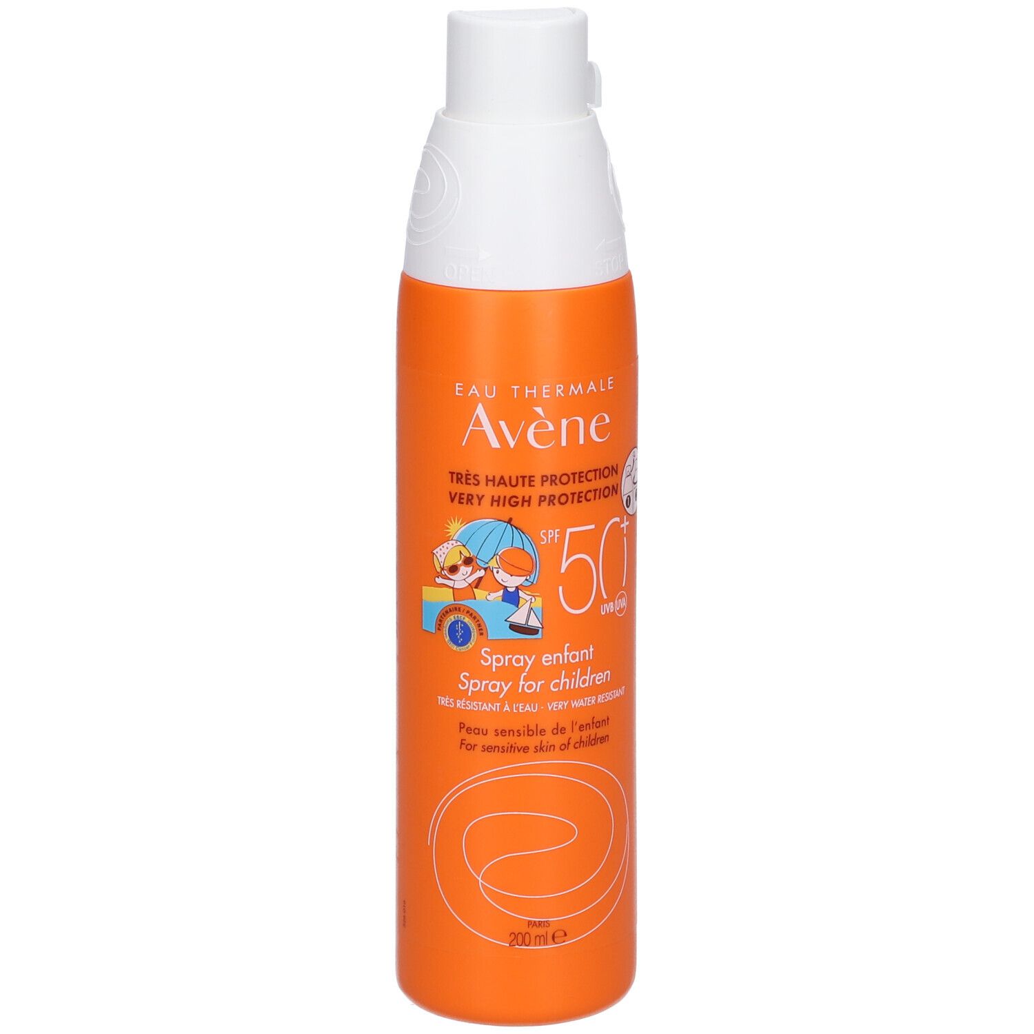 Flacon spray orange et blanc. Inscriptions: Eau Thermale Avène, SPF 50+, Spray enfant, pour enfants.