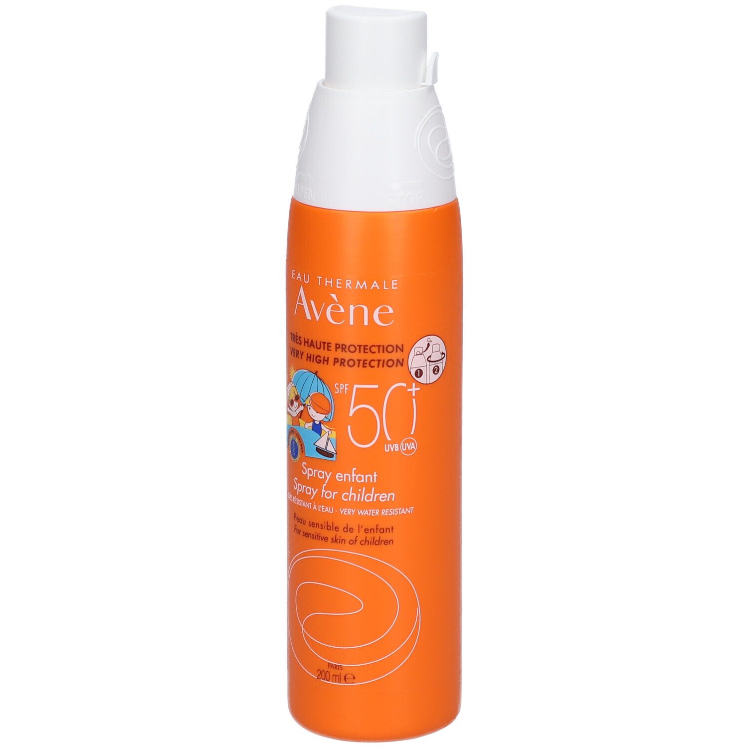 Flacon spray orange et blanc. Inscriptions: Eau Thermale Avène, SPF 50+, Spray enfant, pour enfants.