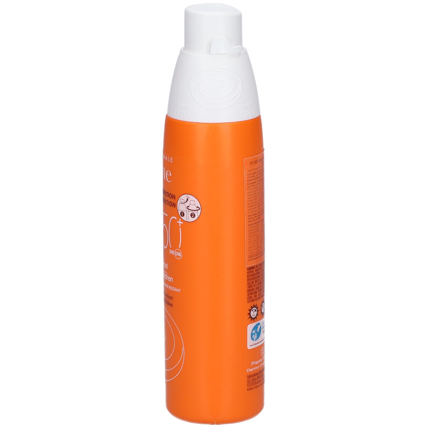 Flacon spray orange, vue latérale. Inscriptions: Eau Thermale Avène, SPF 50+, Spray enfant, pour enfants. Texte.