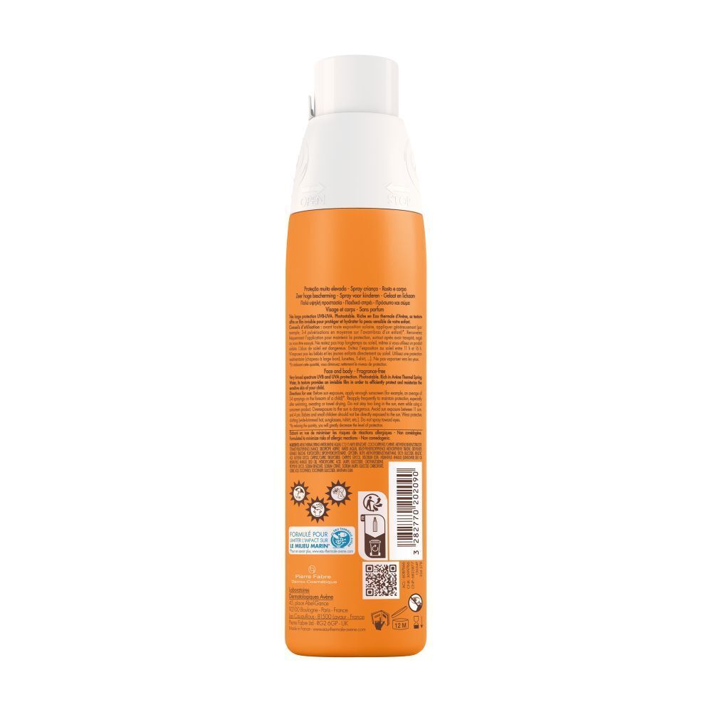 Dos d'un flacon spray orange. Texte et logos. Inscriptions: Eau Thermale Avène, Très haute protection, Spray solaire enfants.