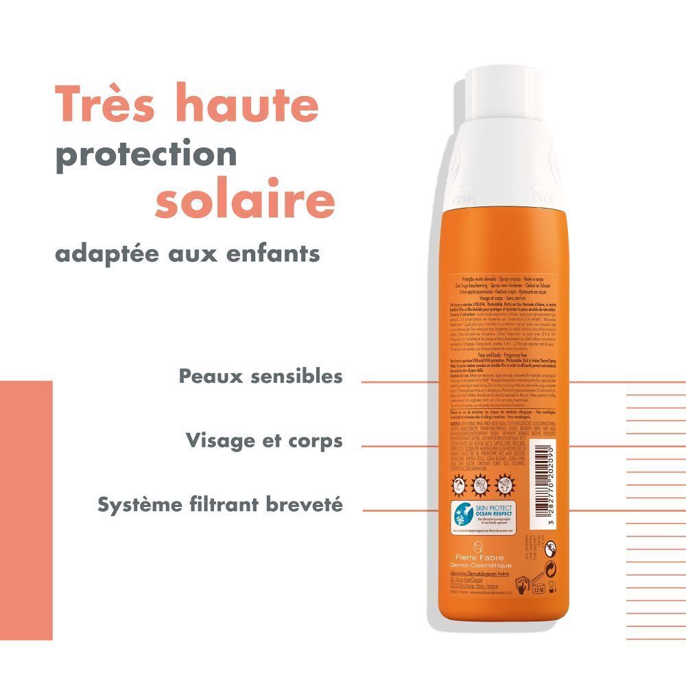 Dos d'un flacon spray orange. Texte et logos. Inscriptions: Eau Thermale Avène, Très haute protection solaire, adapté aux enfants.