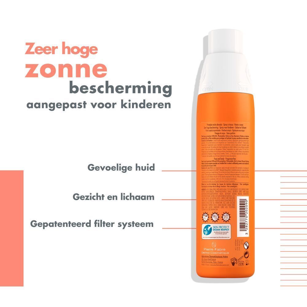 Achterkant van een oranje sprayfles. Tekst en logo's. Opschrift: Eau Thermale Avène, Zeer hoge bescherming, geschikt voor kinderen.