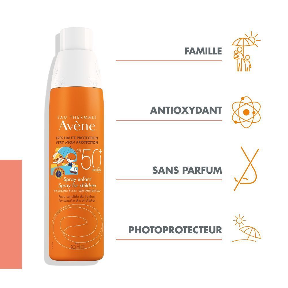 Graphique avec flacon spray orange. Inscriptions: Eau Thermale Avène, SPF 50+, Spray enfant, pour enfants. Symboles.
