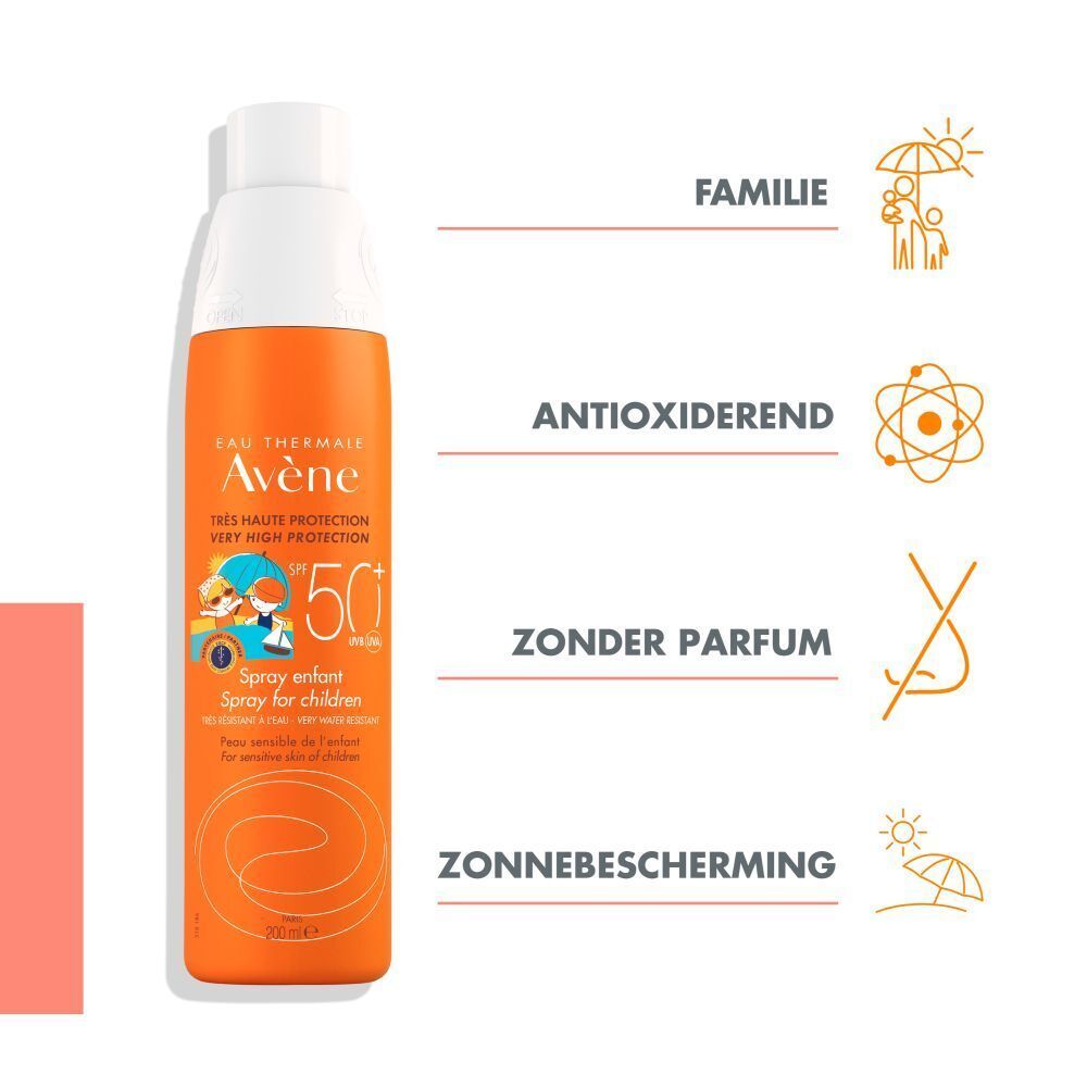 Afbeelding met oranje sprayfles. Opschrift: Eau Thermale Avène, SPF 50+, Spray enfant, voor kinderen. Symbolen.