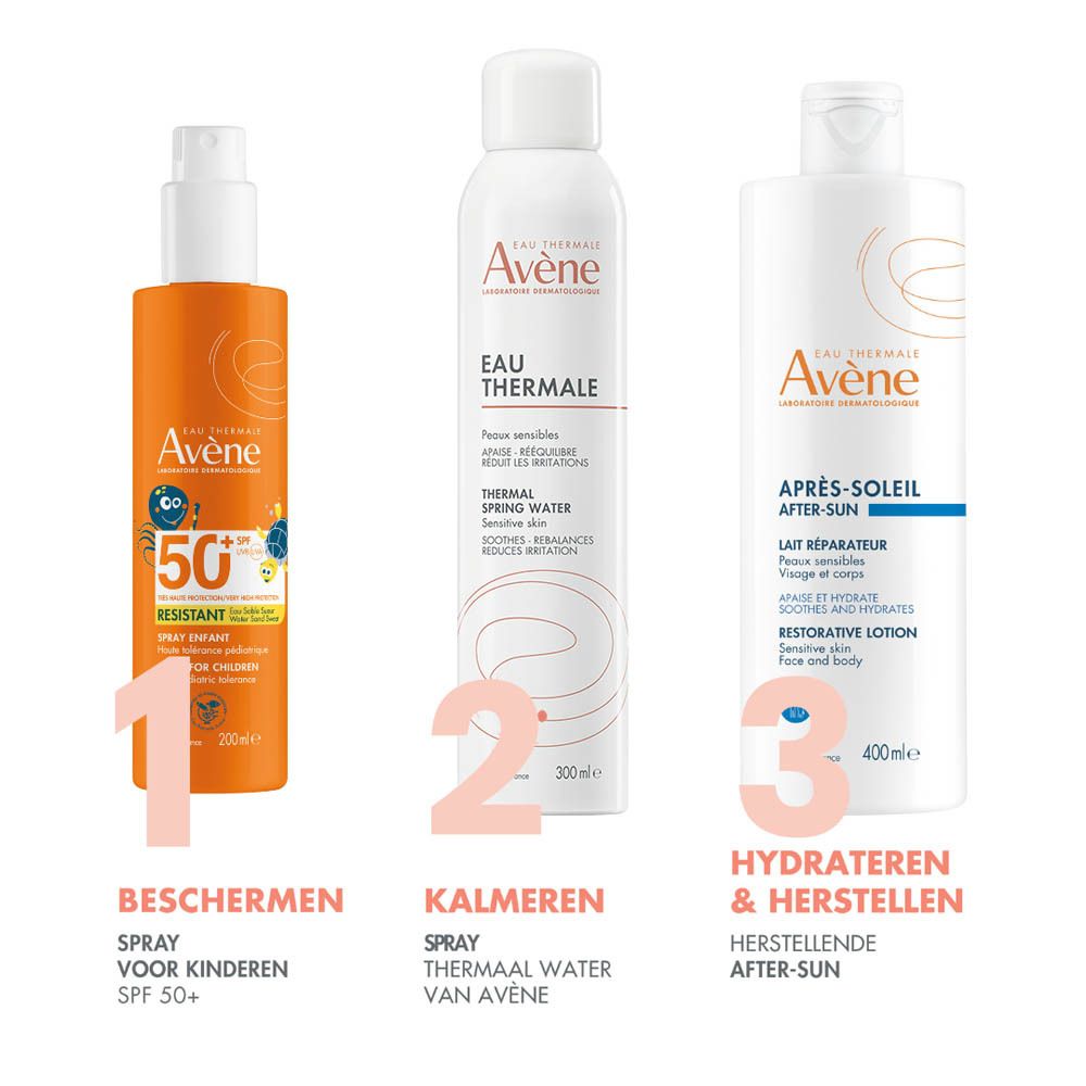 Drie producten: zonnebrandspray, thermaal water, after-sun lotion. Opschrift: Eau Thermale Avène. Opschriften: Beschermen, Kalmeren, Hydrateren.