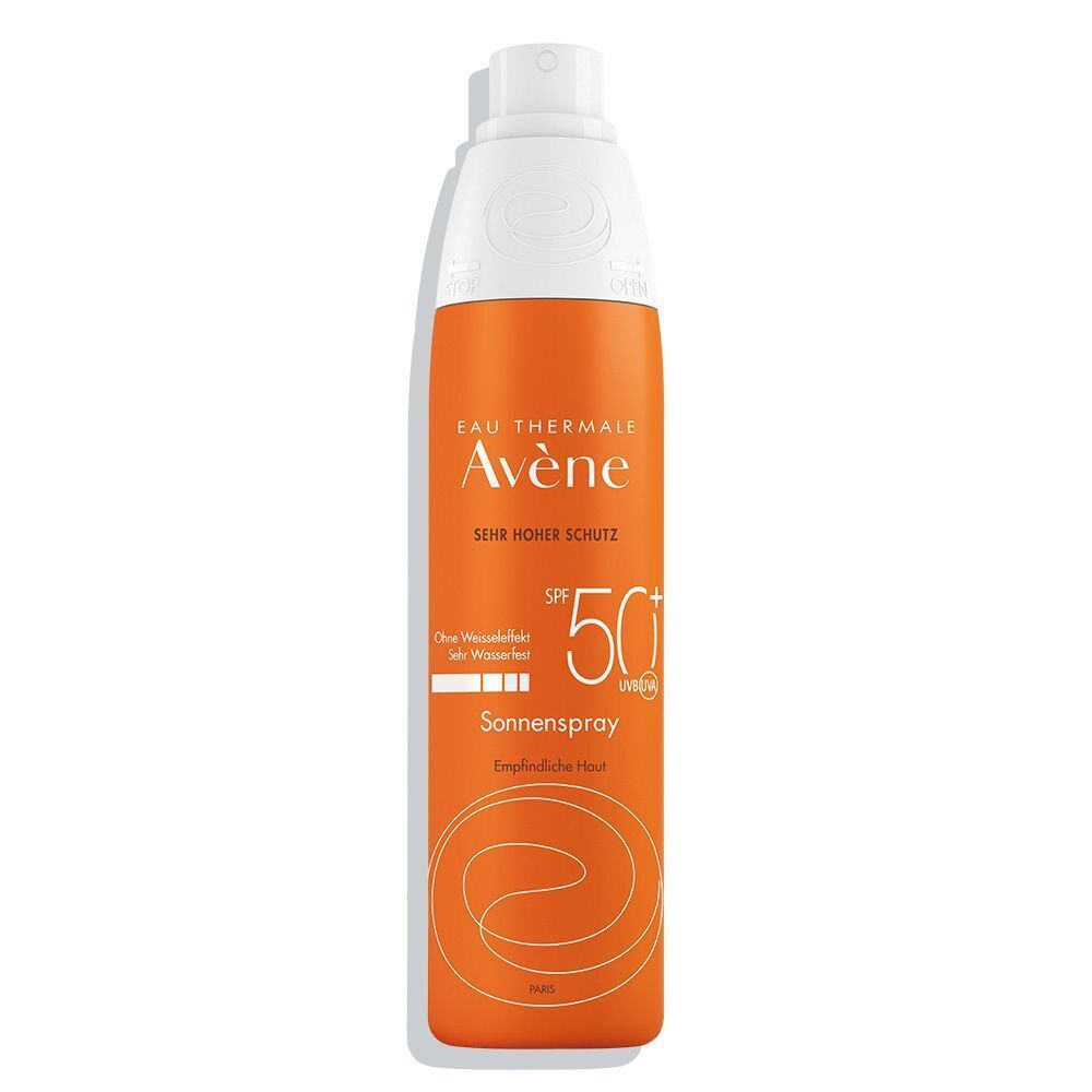 Flacon spray orange et blanc. Inscriptions: Avène, Très haute protection, SPF 50+, Sonnenspray.