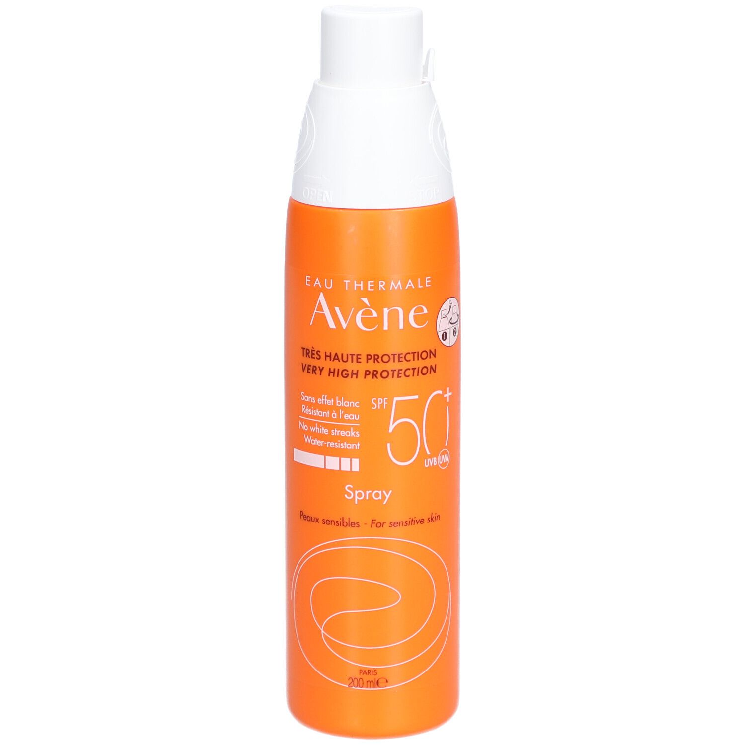 Flacon spray orange et blanc. Inscriptions: Avène, SPF 50+, Spray. Pour peaux sensibles.
