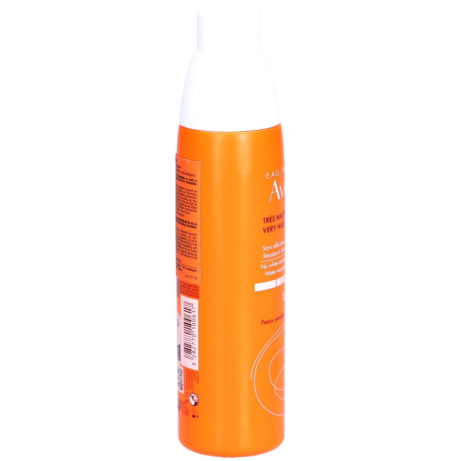 Flacon spray orange et blanc. Dos avec texte et logos. Marque : Avène.