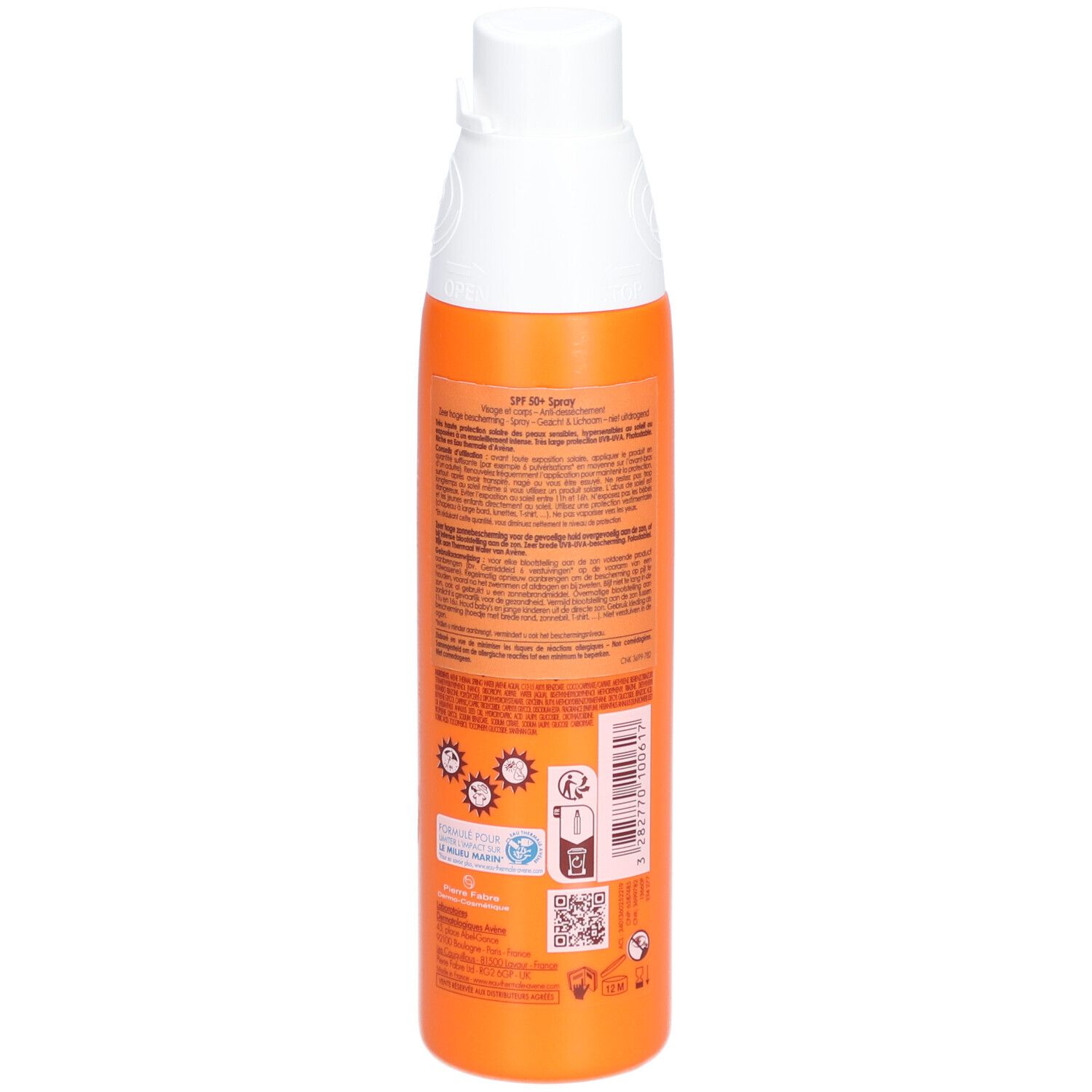 Dos d'un flacon spray orange et blanc. Texte et logos. Marque : Avène.