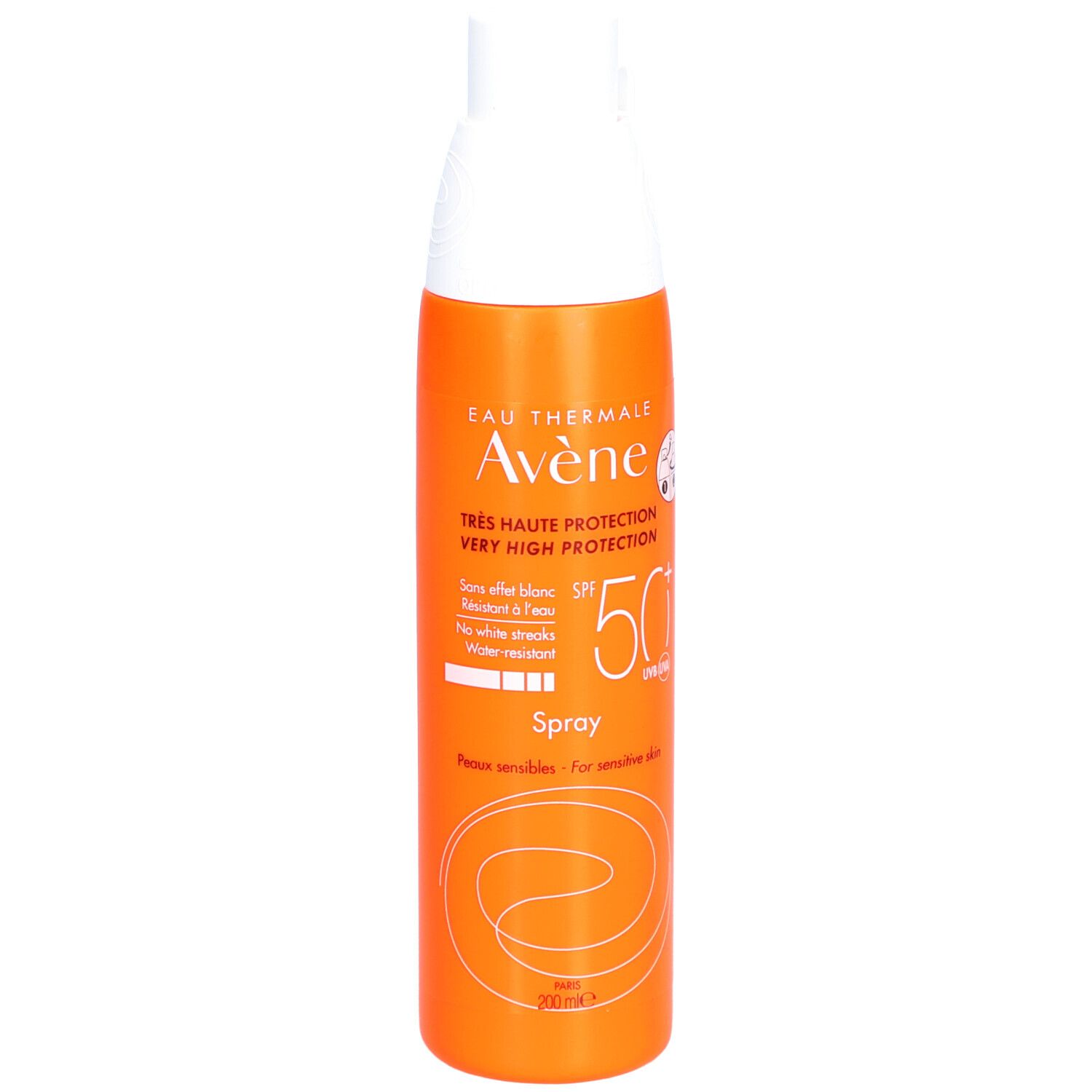 Flacon spray orange et blanc. Inscriptions: Avène, SPF 50+, Spray. Pour peaux sensibles.