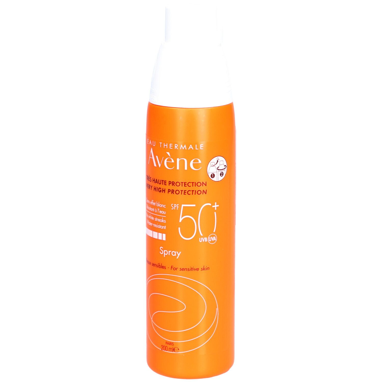 Flacon spray orange et blanc. Inscriptions: Avène, SPF 50+, Spray. Pour peaux sensibles.