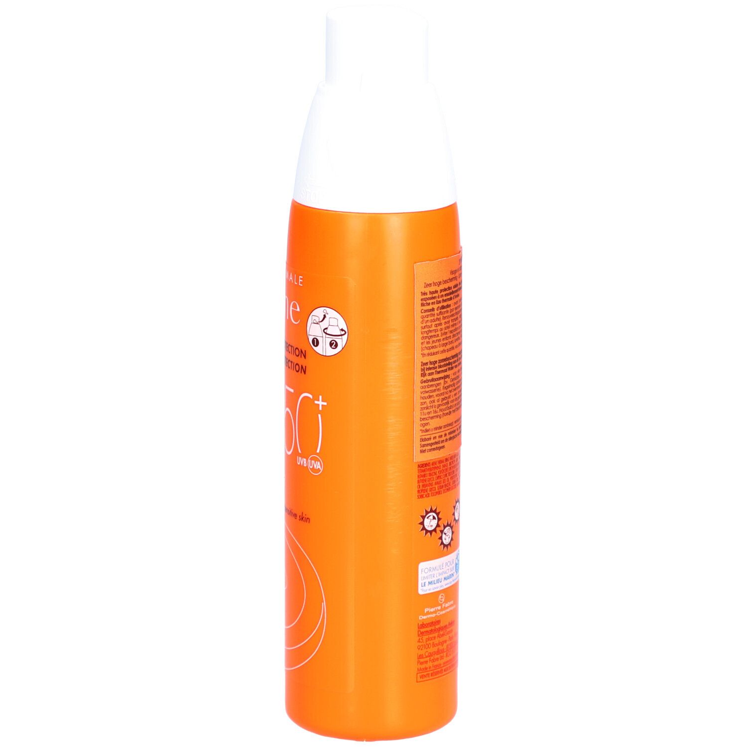 Flacon spray orange et blanc. Inscriptions: Avène, SPF 50+. Dos avec texte.