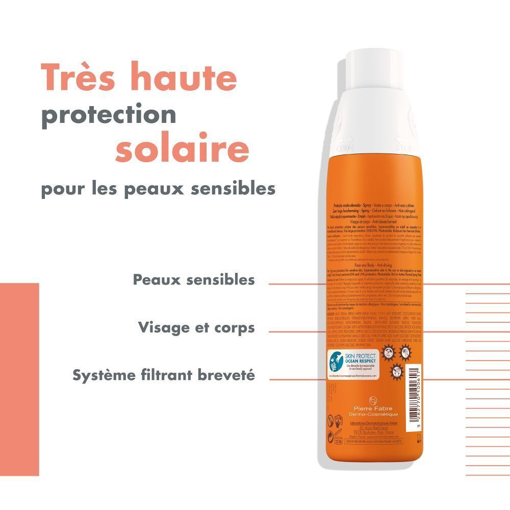 Dos d'un flacon spray orange et blanc. Texte et logos. Marque : Avène.