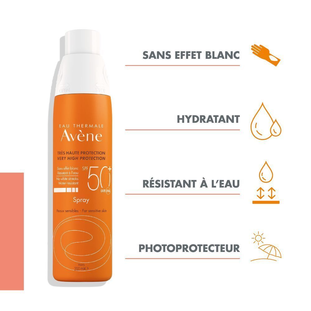 Flacon spray orange et blanc. Inscriptions: Avène, SPF 50+, Spray. Pour peaux sensibles.