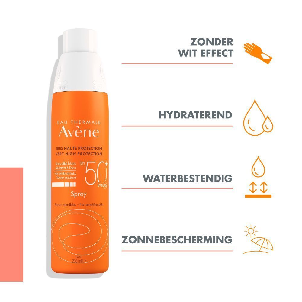 Oranje sprayfles met witte dop. Opschrift: Avène, SPF 50+, Spray. Voor gevoelige huid.