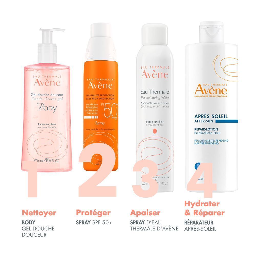 Flacon spray orange et blanc. Inscriptions: Avène, SPF 50+, Spray. Pour peaux sensibles.