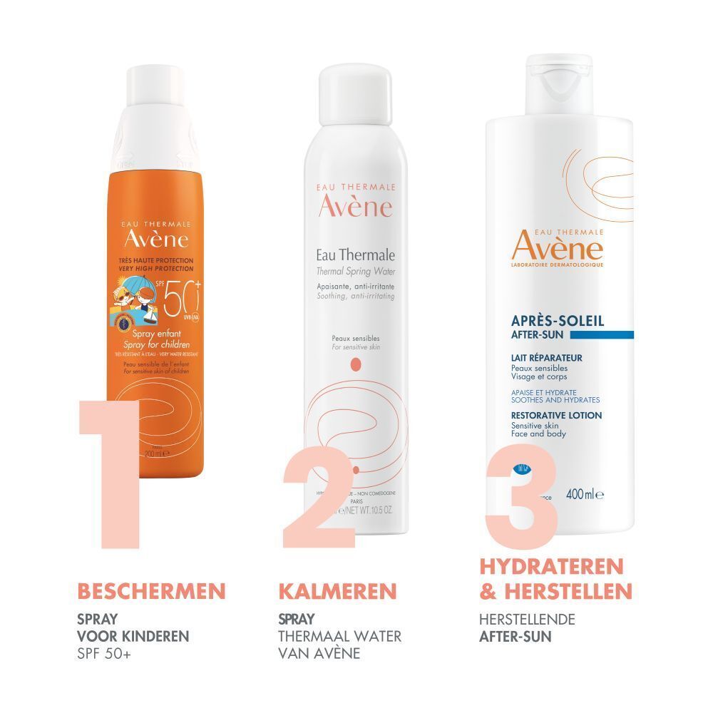 Oranje sprayfles met witte dop. Opschrift: Avène, SPF 50+, Spray. Voor gevoelige huid.