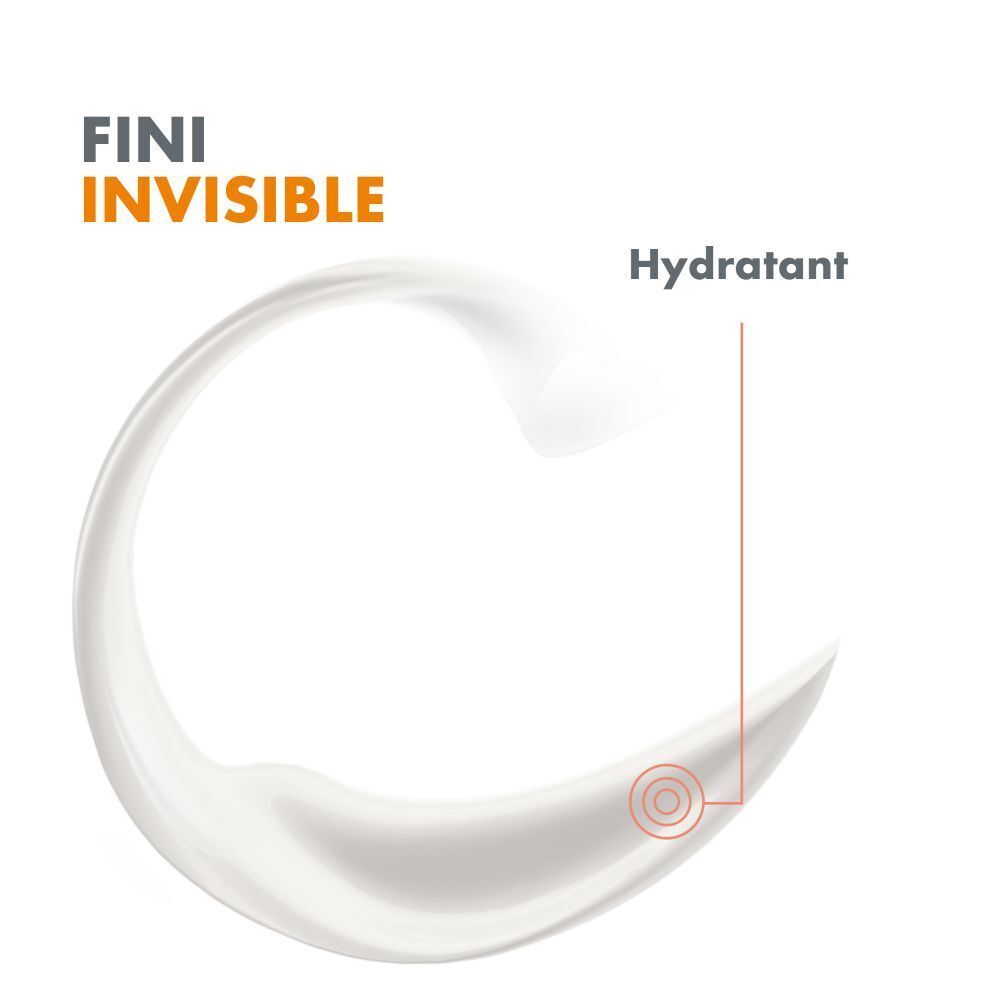 Flacon spray orange et blanc. Inscriptions: Avène, SPF 50+. Dos avec texte.