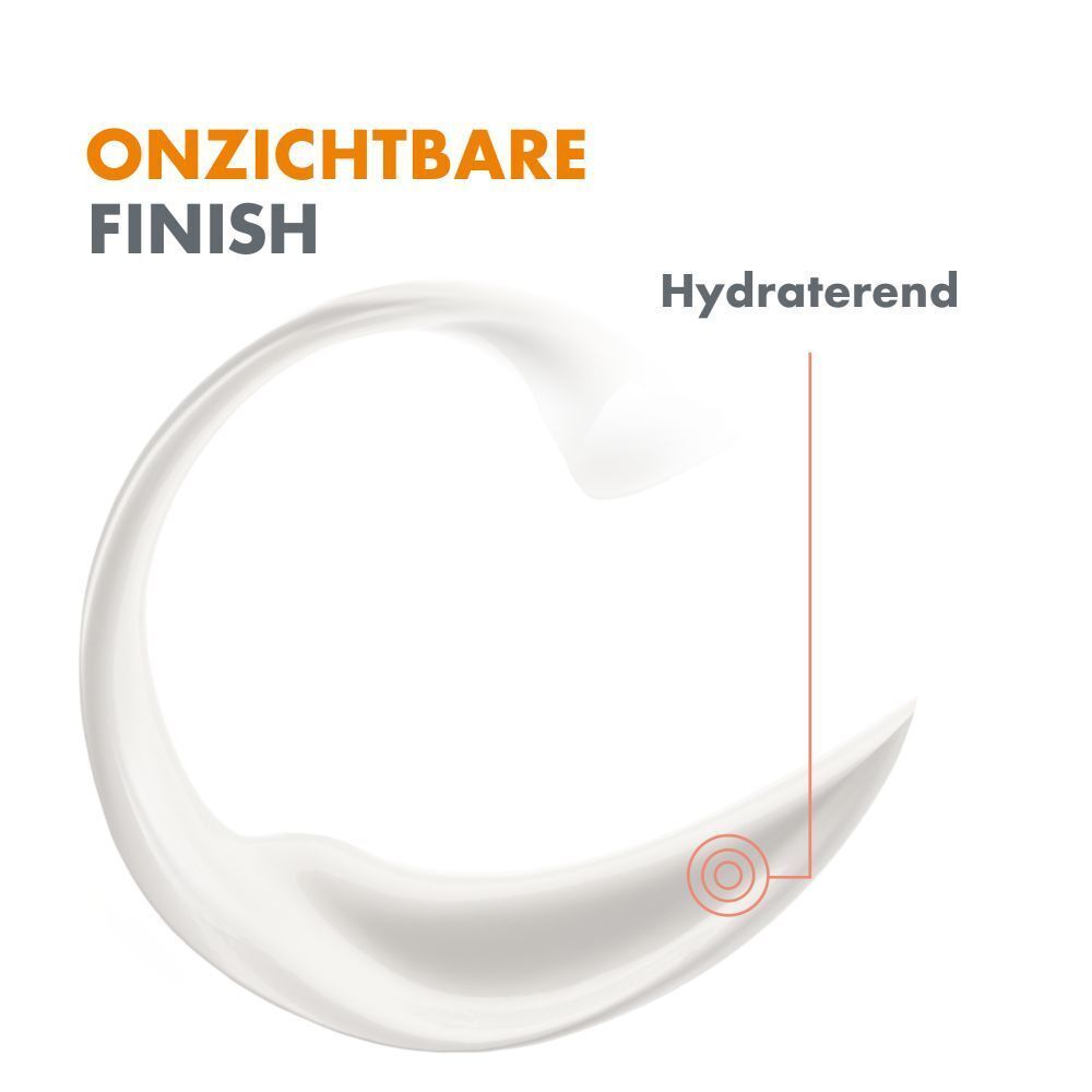 Oranje sprayfles met witte dop. Opschrift: Avène, SPF 50+. Achterkant met tekst.