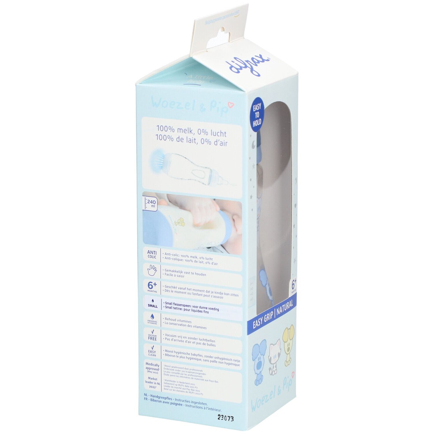 Emballage avec biberon. Dos avec informations produit. Biberon bleu avec poignée, 6+.