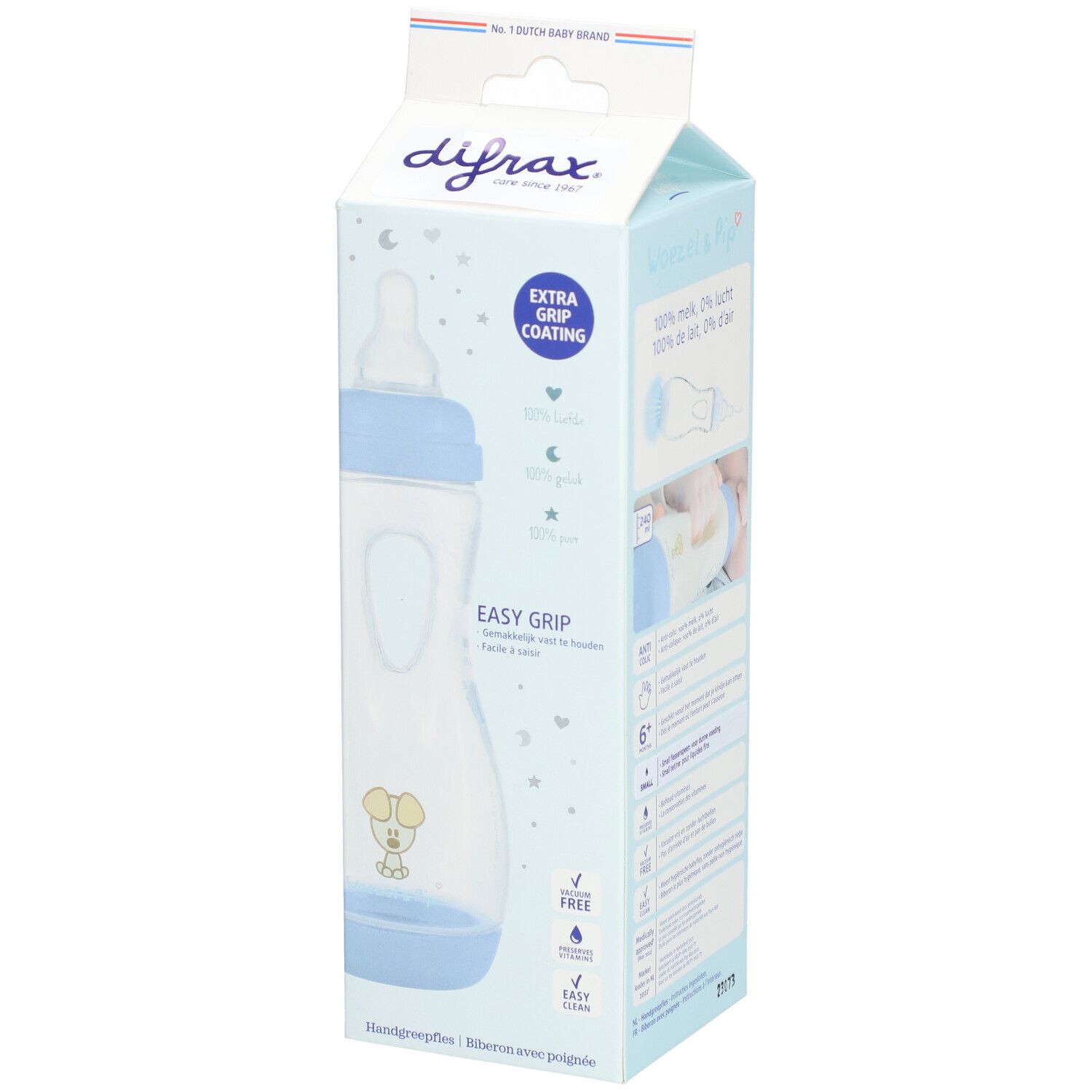 Biberon dans emballage. Tétine bleue, flacon transparent avec poignée. Impression : Easy Grip, 6+.