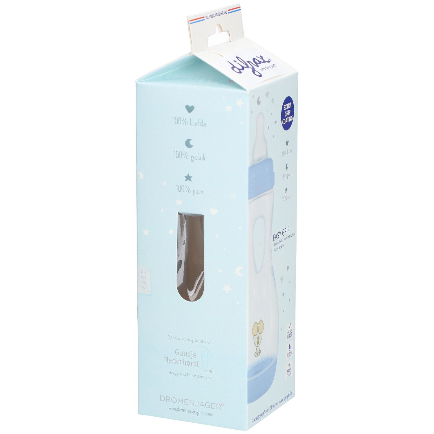 Emballage avec biberon. Tétine bleue, flacon transparent avec poignée. Impression : Easy Grip.
