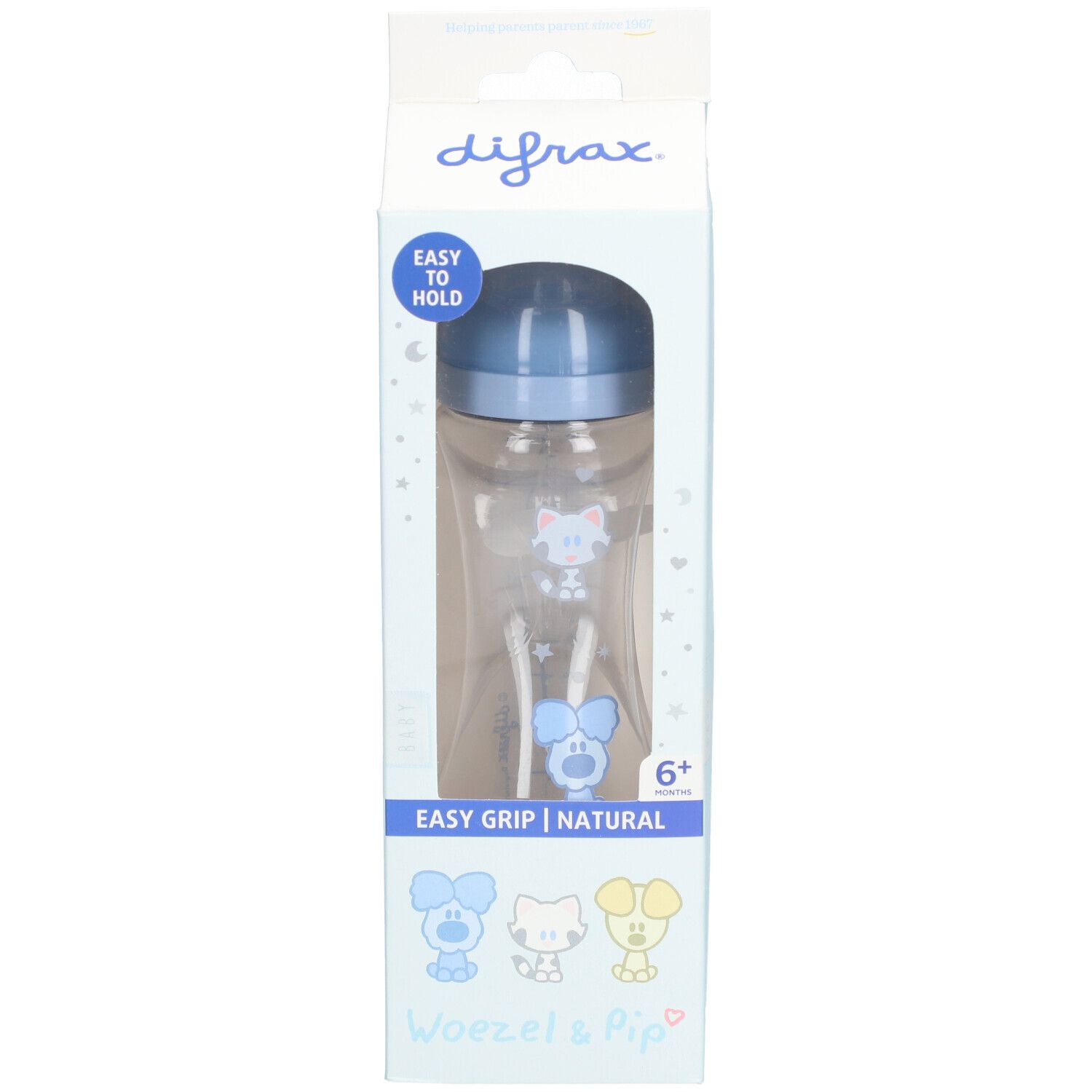 Biberon dans emballage. Tétine bleue, flacon transparent avec poignée. Impression : Easy Grip, 6+.