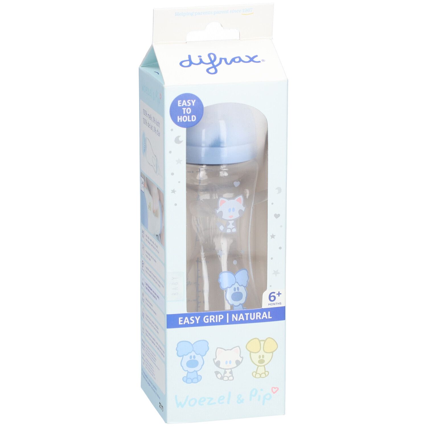 Biberon dans emballage. Tétine bleue, flacon transparent avec poignée. Impression : Easy Grip, 6+.