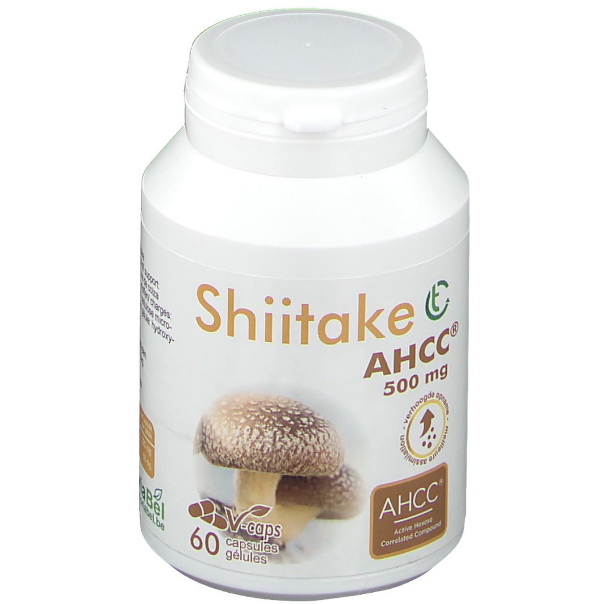 Flacon blanc Shiitake AHCC 500 mg. Inscription : 60 gélules. Image d'un champignon. Logo végan.
