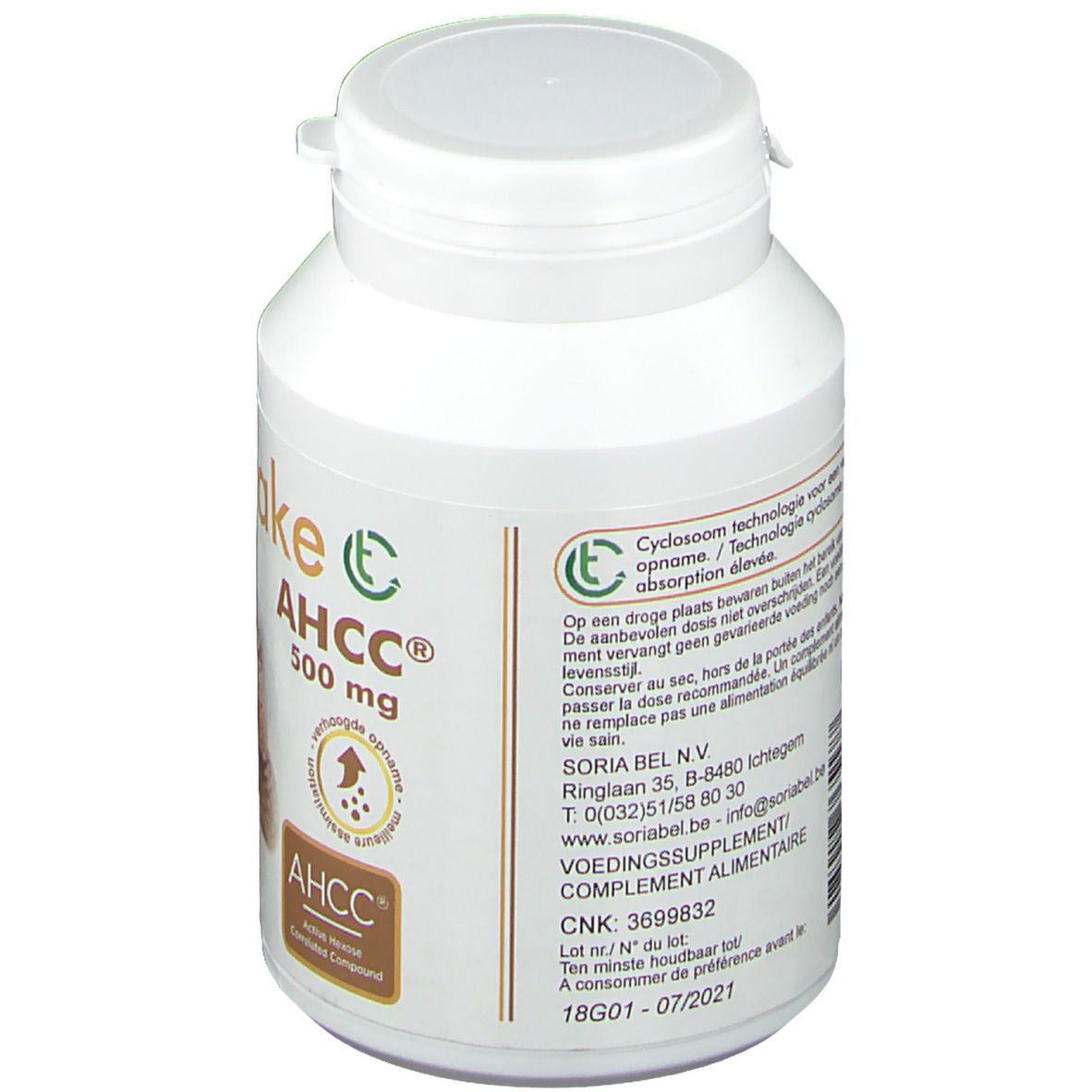 Dos du flacon blanc Shiitake AHCC 500 mg. Texte et logo. Informations sur les ingrédients et le fabricant.