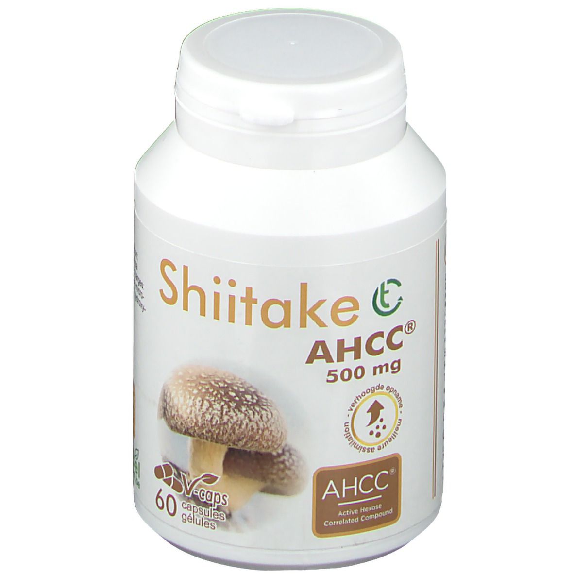 Flacon blanc Shiitake AHCC 500 mg. Inscription : 60 gélules. Image d'un champignon. Logo végan.
