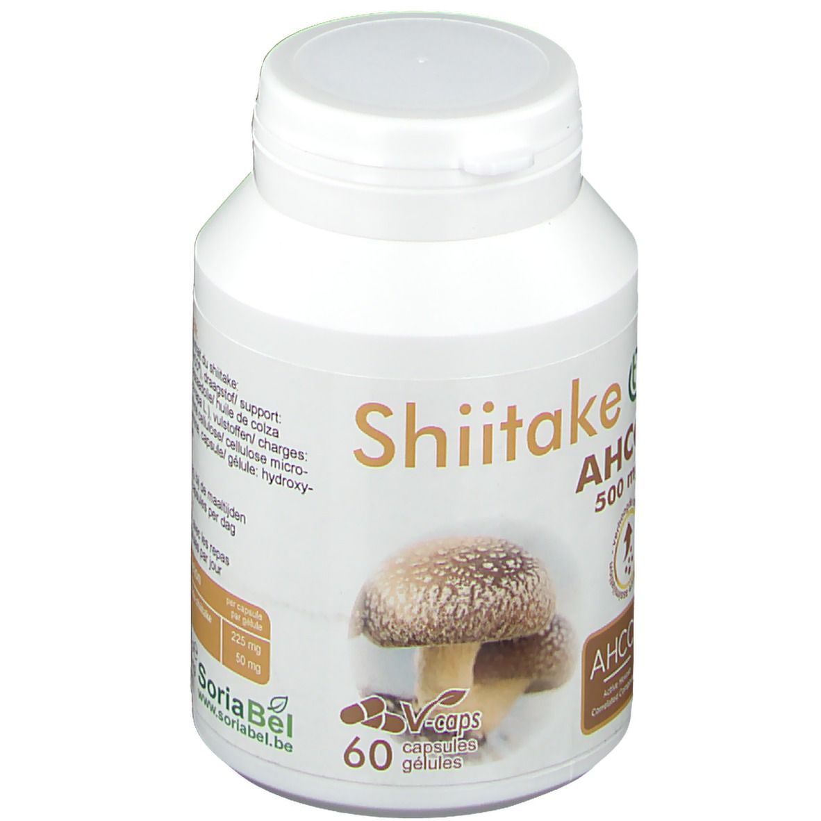 Flacon blanc Shiitake AHCC 500 mg. Inscription : 60 gélules. Image d'un champignon. Logo végan.
