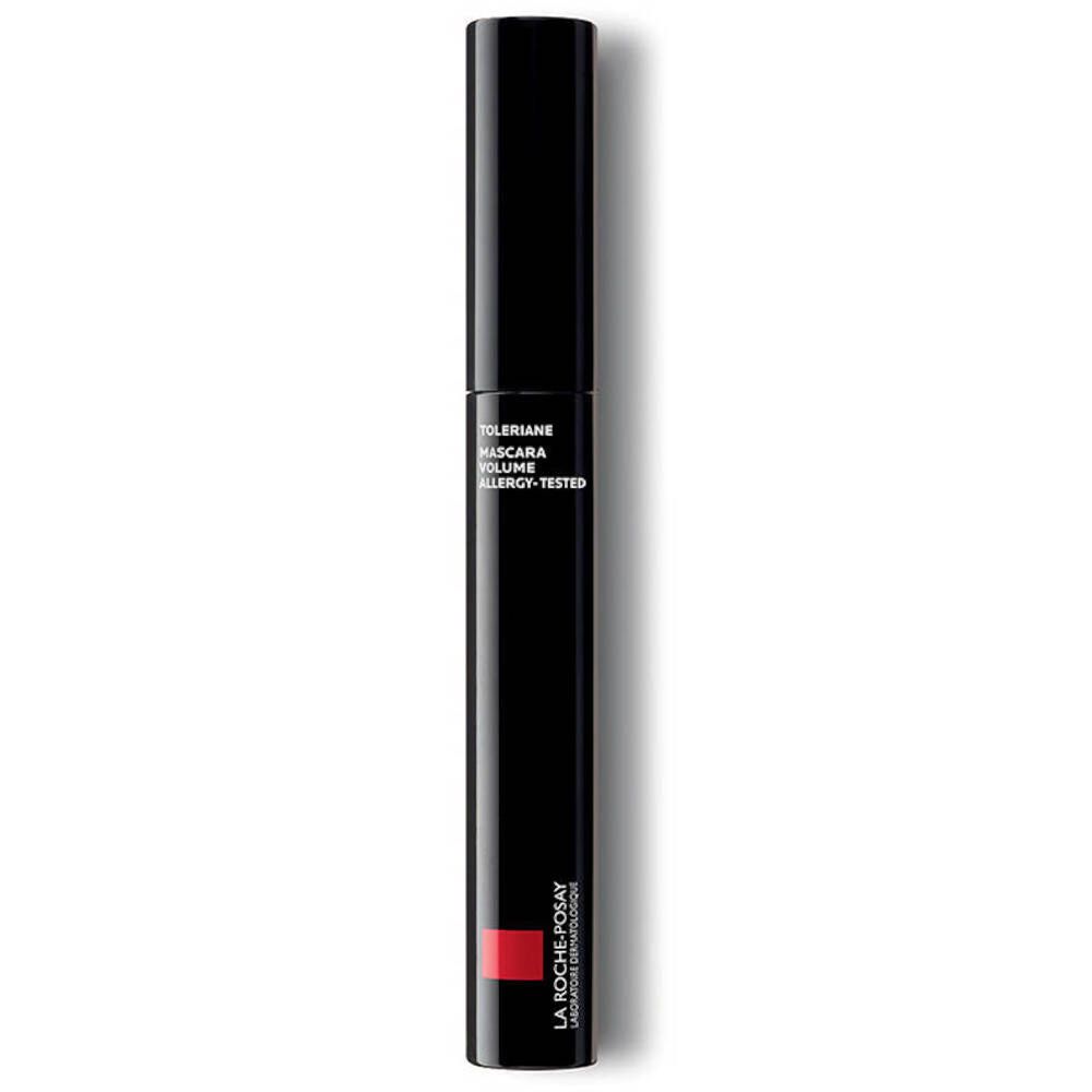 Tube de mascara noir avec détails rouges. Texte: Tolériane Mascara Volume, Allergy-Tested. Marque: La Roche-Posay.