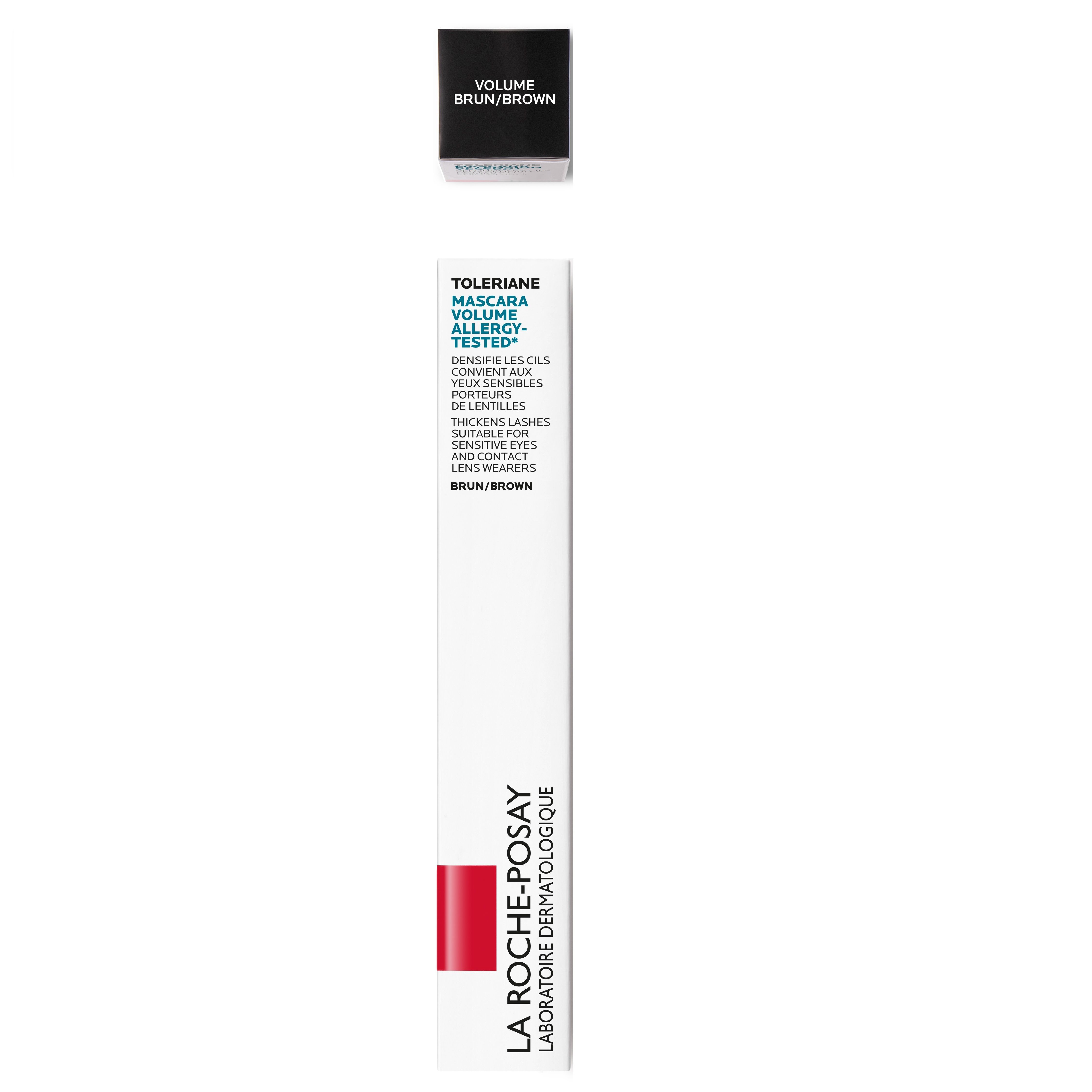 Emballage de mascara. Texte: Tolériane Mascara Volume, Allergy-Tested. Couleur: Brun/Brown. Marque: La Roche-Posay.