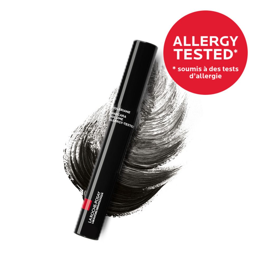 Mascara noir avec trait de mascara noir. Texte: Allergy Tested. Marque: La Roche-Posay.