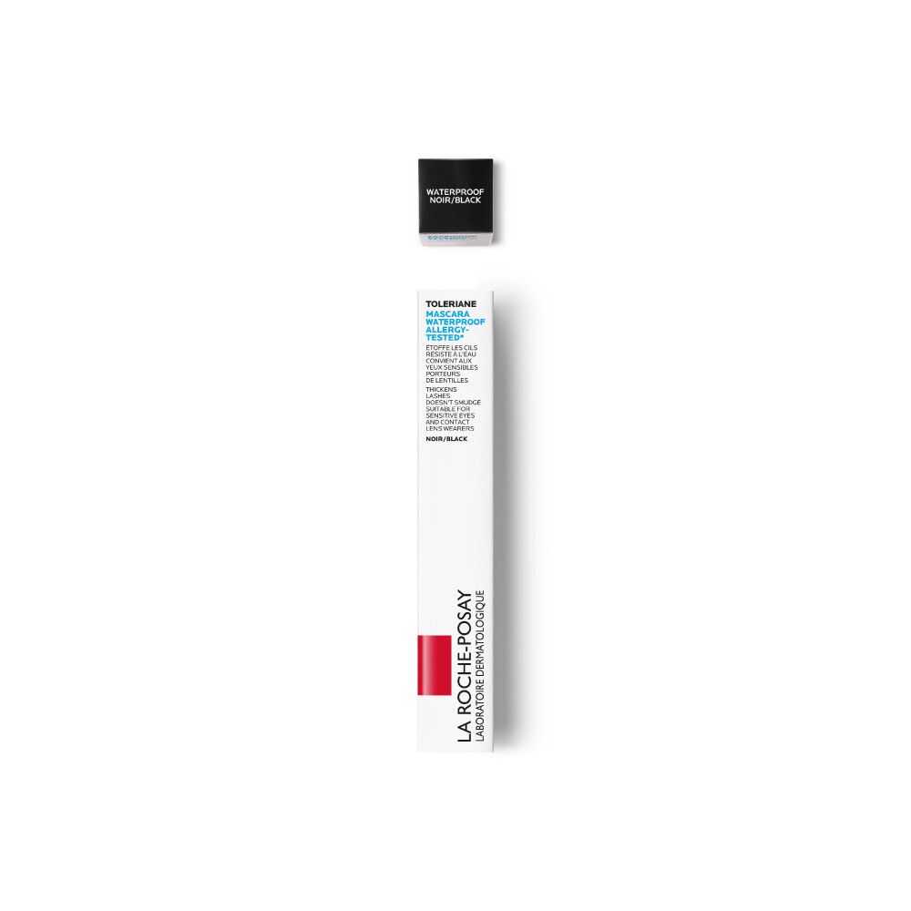 Emballage du mascara. Inscription : Toleriane Mascara Waterproof Allergy-Tested. Couleur : Noir. Marque : La Roche-Posay.
