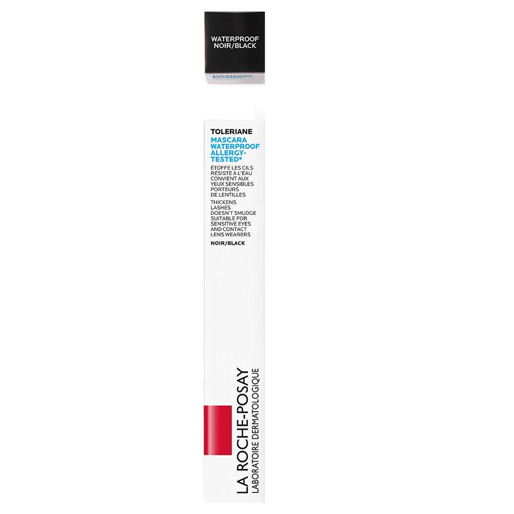 Emballage du mascara. Inscription : Toleriane Mascara Waterproof Allergy-Tested. Couleur : Noir. Marque : La Roche-Posay.