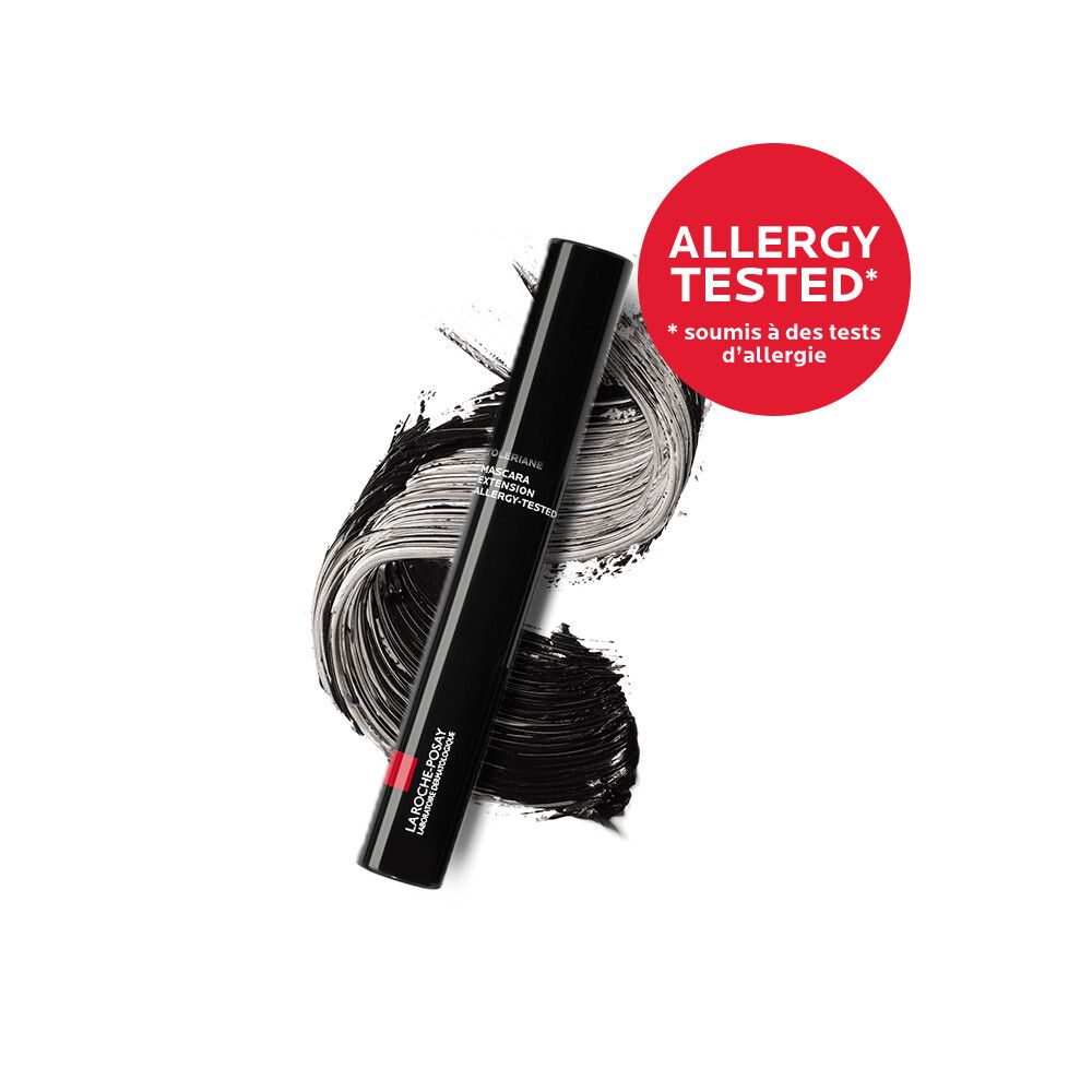 Verpakking van mascara. Opschrift: Toleriane Mascara Waterproof Allergy-Tested. Kleur: Zwart. Merk: La Roche-Posay.
