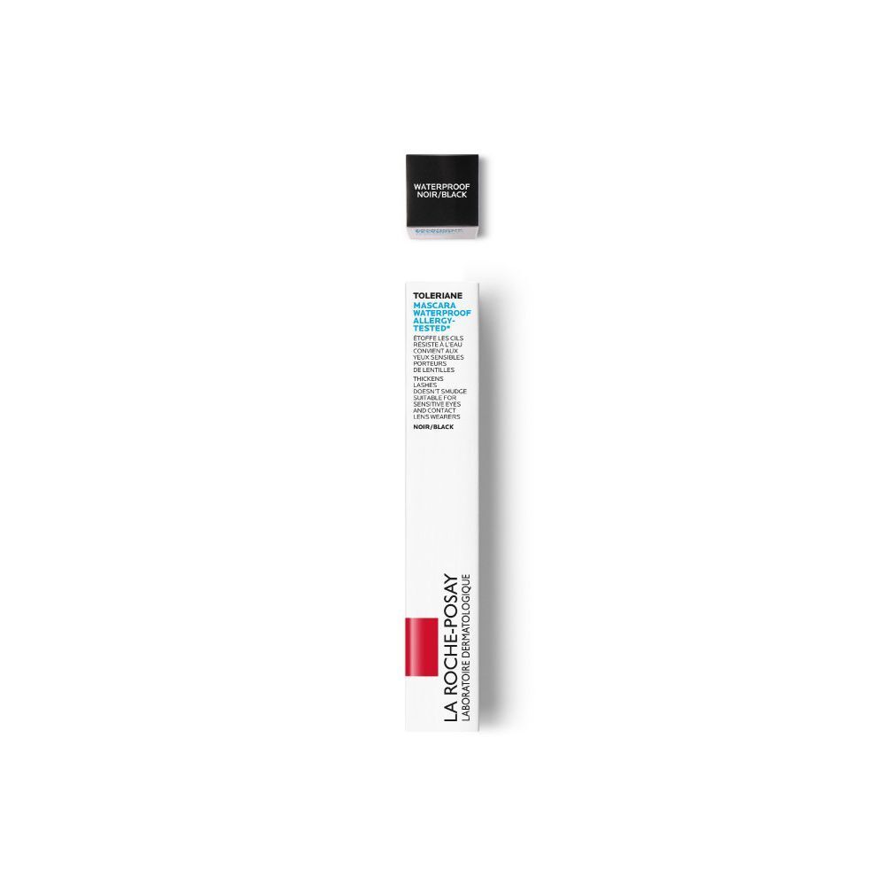 Trait de mascara noir. Inscription : Allergy Tested. Tube de mascara : La Roche-Posay. Mascara noir.