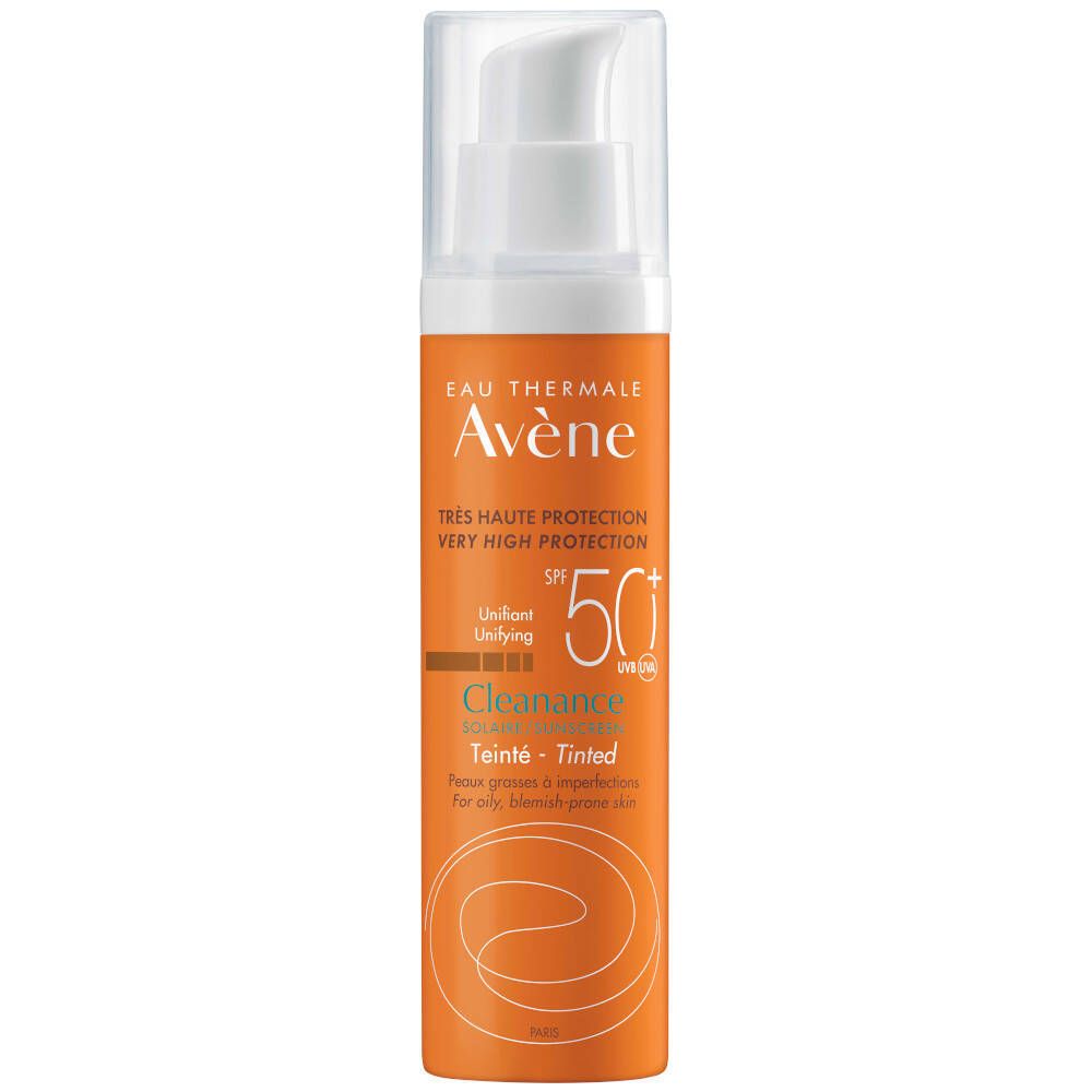 Flacon orange avec pompe blanche. Texte: Eau Thermale Avène, SPF 50+, Cleanance, teinté.
