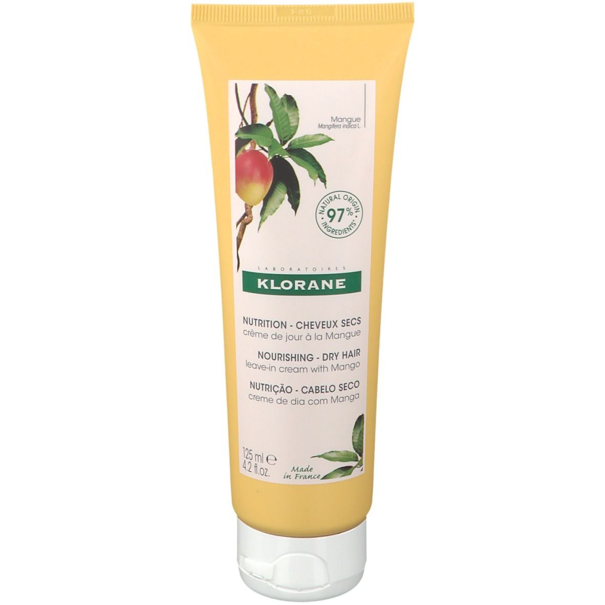 Gele tube met KLORANE-logo en mango-afbeelding. Tekst: "Nourishing Dry Hair". 