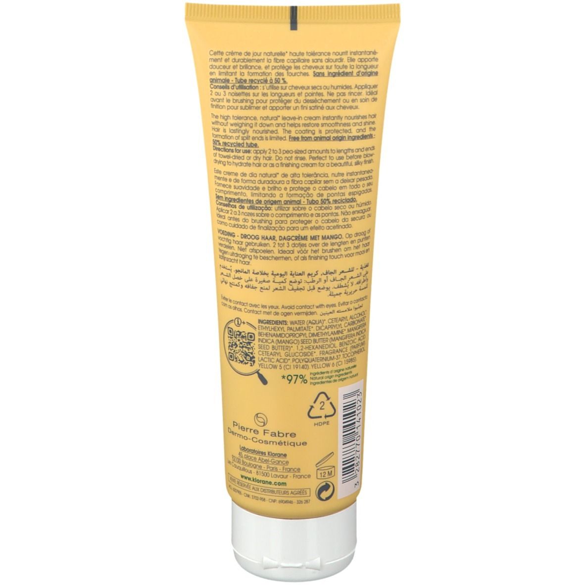 Achterkant van de gele KLORANE-tube. Tekst en ingrediënten. Zegel: +97% natuurlijke ingrediënten.