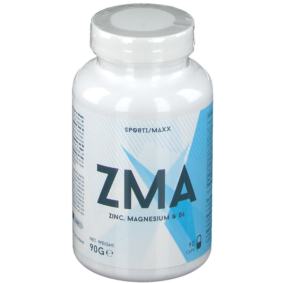 Weißes Kunststoff-Nahrungsergänzungsmittel-Behälter mit Schraubverschluss. Aufschrift: ZMA, Zink, Magnesium & B6. 90 Kapseln.