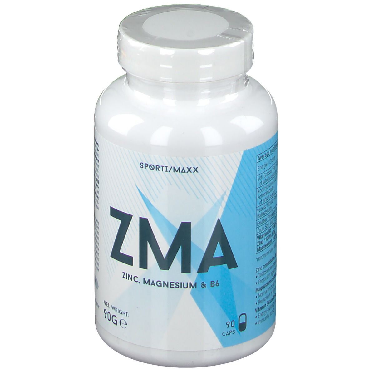 Weißes Kunststoff-Nahrungsergänzungsmittel-Behälter mit Schraubverschluss. Aufschrift: ZMA, Zink, Magnesium & B6. 90 Kapseln.