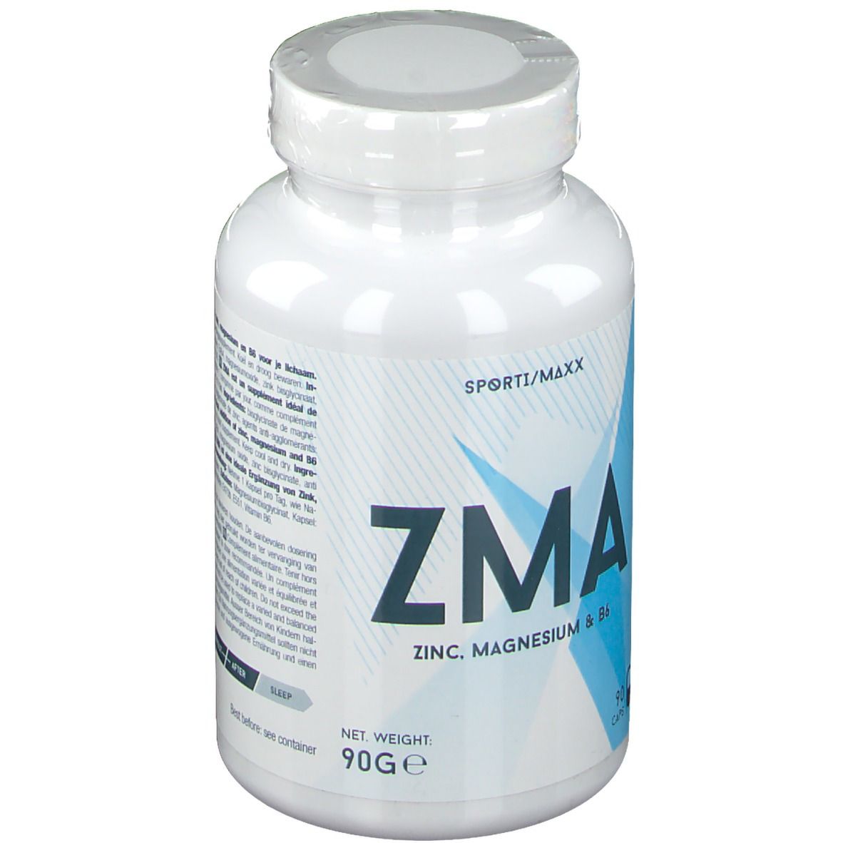 Weißes Kunststoff-Nahrungsergänzungsmittel-Behälter mit Schraubverschluss. Aufschrift: ZMA, Zink, Magnesium & B6. 90 Kapseln.