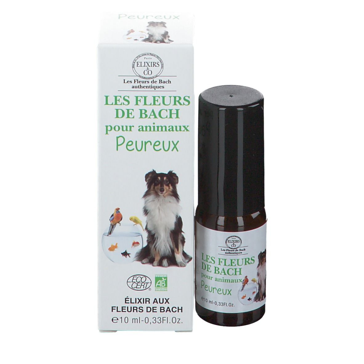 Emballage du produit avec flacon et boîte. Sur la boîte, texte, image d'un chien, poissons et oiseaux.