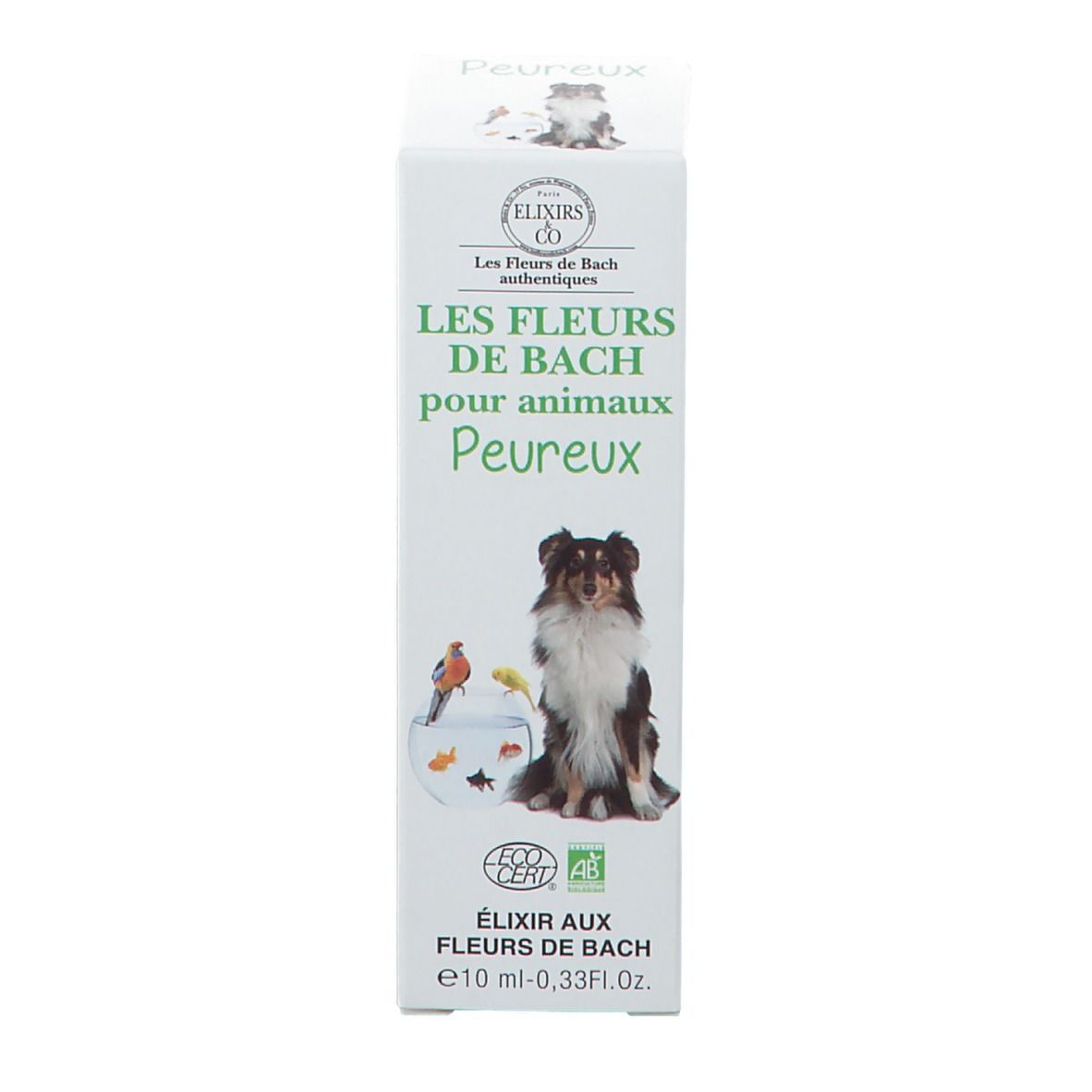 Emballage du produit avec boîte. Sur la boîte, texte, image d'un chien, poissons et oiseaux.