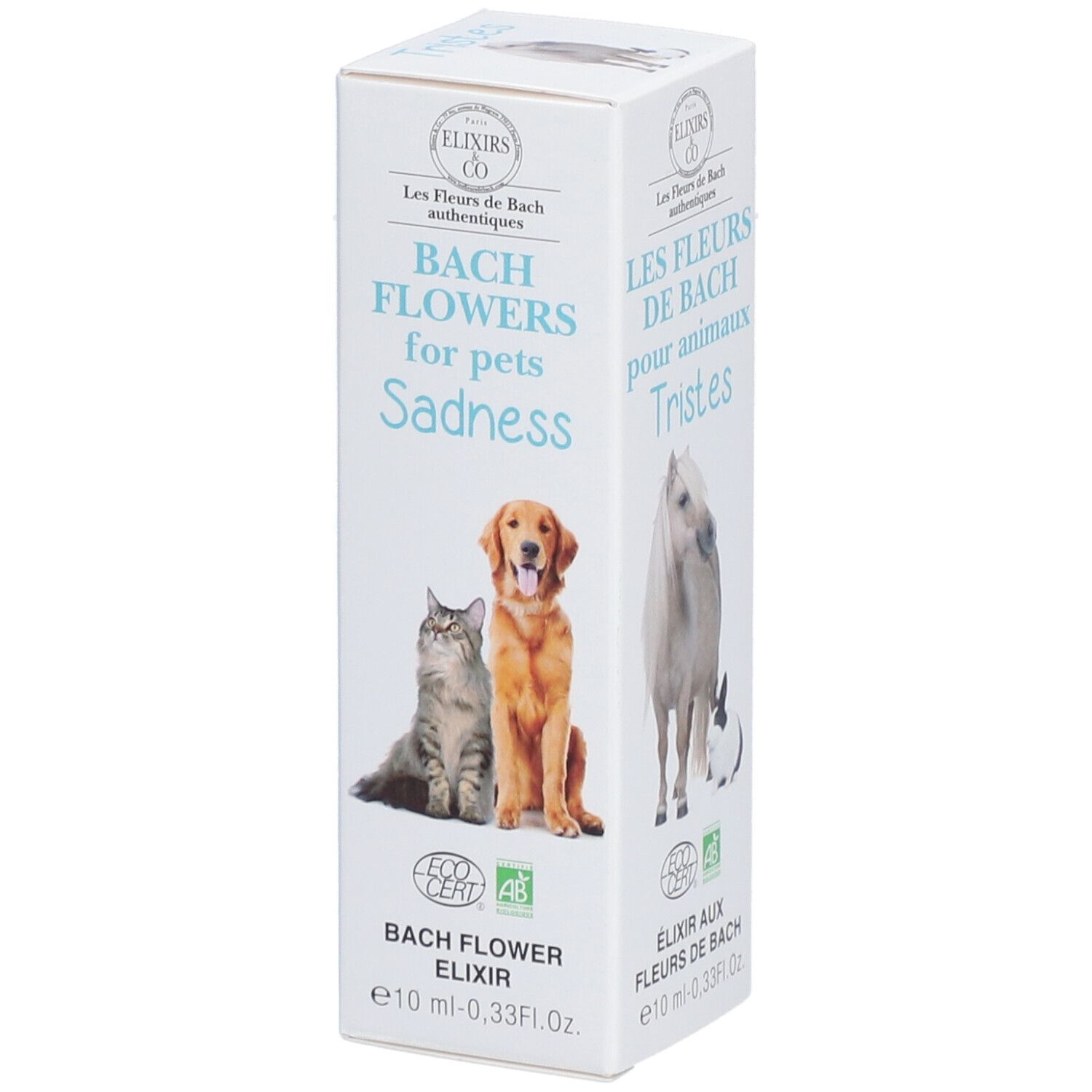Kartonverpackung mit Produktname: Bach Flowers for pets Sadness. Abbildung: Katze, Hund, Pferd, Kaninchen. Öko-Zertifizierung.