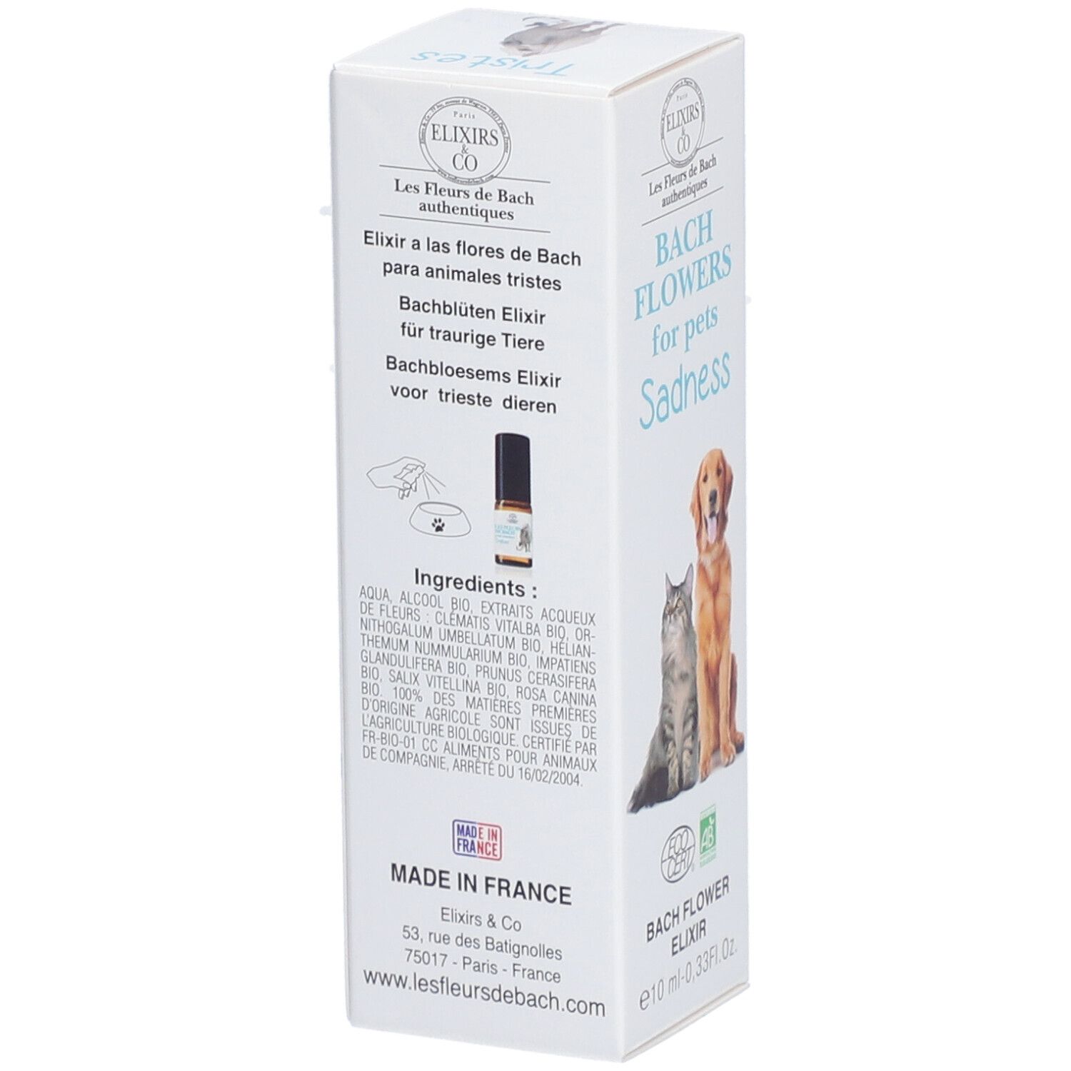 Kartonverpackung mit Produktinformationen und Abbildung einer Flasche. Text in Deutsch, Französisch, Niederländisch, Italienisch.